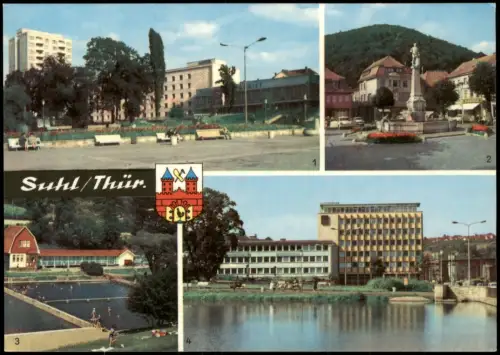 Suhl DDR Mehrbild-AK u.a. Hochhaus, Hotel Thüringen, Waffenschmied, Freibad 1968