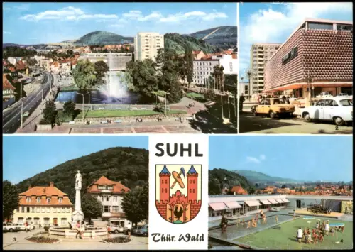 Suhl DDR Mehrbild Warenhaus Centrum  Waffenschmied-Denkmal, Kindergarten  1972
