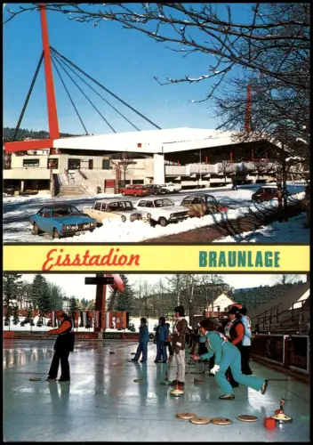 Braunlage Eisstadion 2-Bild-Karte Curling, Autos  VW Käfer, Ford, Mercedes 1970