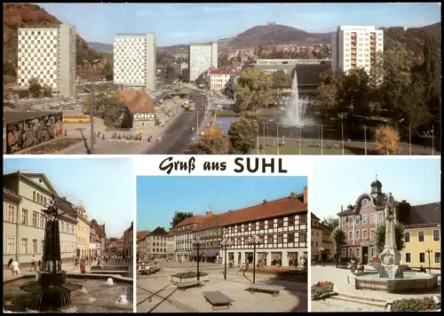 Suhl Panorama-Ansicht, Steinweg, Rathaus mit Waffenschmied-Denkmal 1983