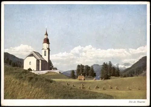 Ansichtskarte Obernberg am Brenner Ortsansicht Kirche Zeit der Heuernte 1950