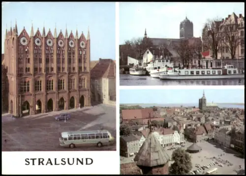 Stralsund DDR Mehrbildkarte mit Dampfer-Anlegestelle Weiße Flotte, Rathaus 1968