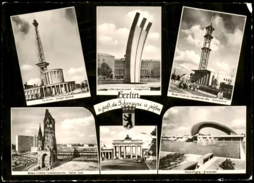 Berlin Mehrbildkarte Funkturm-Langer Lulatsch Luftbrückendenkmal uvm. 1963