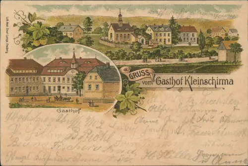 Ansichtskarte Litho AK Kleinschirma-Oberschöna 2 Bild Gasthof und Stadt 1903