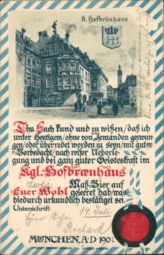Ansichtskarte München Hofbräuhaus Urkunde 1905