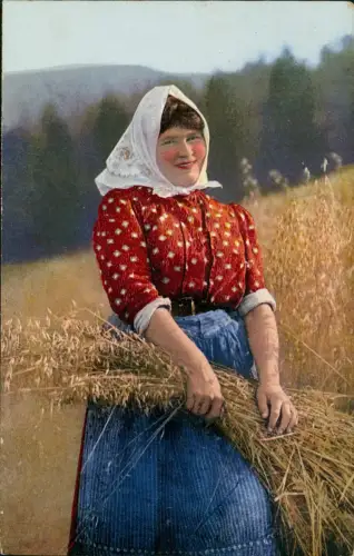 .Sachsen Erzgebirge Geberg'sch Mädl bei der Ernte Typen Trachten 1938