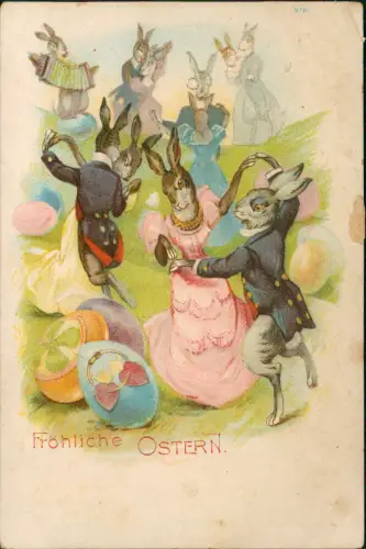 Ansichtskarte  Ostern Easter Osterhasen als Menschen Tanz 1908