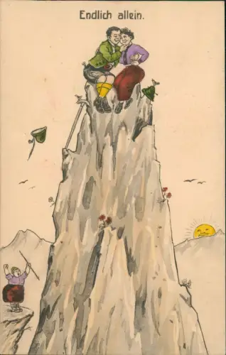 Ansichtskarte  Scherzkarte Liebespaar auf Berggipfel Endlich allein! 1926
