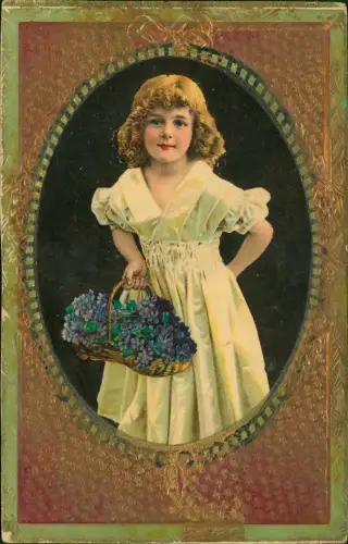 Kinder Künstlerkarte Mädchen Korb im Goldrahmen 1910 Goldprägung