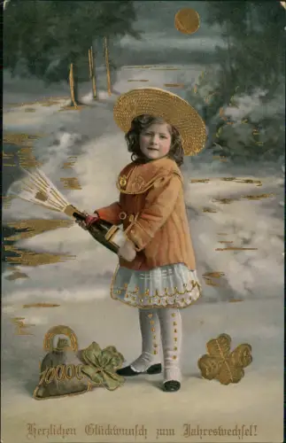 Ansichtskarte  Neujahr Sylvester New Year Sekt Mädchen Gold 1911 Gold