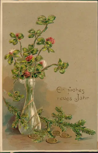 Neujahr Sylvester New Year Kleeblätter Tannenzweige Münzen Gold 1906 Goldprägung