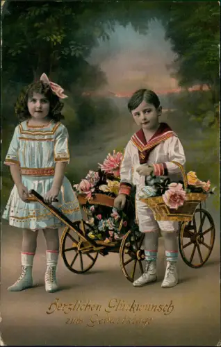 Geburtstag Birthday Junge und Mädchen mit Wagen und Blumen 1912 Gold