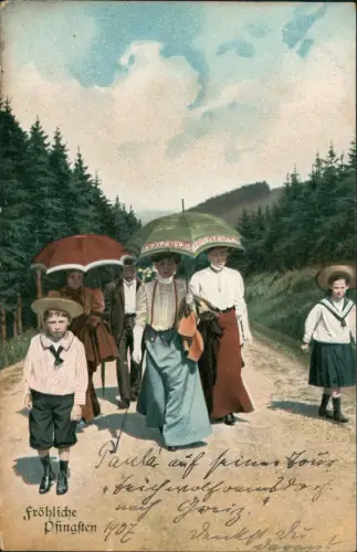 Ansichtskarte  Pfingsten Pentecost Famile mit guter Kleidung Ausflug 1907