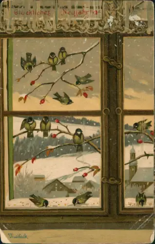 Neujahr Sylvester New Year Vögel am Fenster Künstlerkarte Mailick 1907