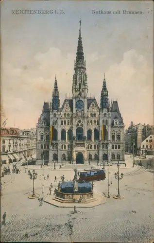 Postcard Reichenberg Liberec Rathaus mit Brunnen. Straßenbahn 1910