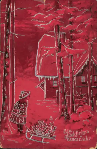 Ansichtskarte  Neujahr Sylvester New Year Mädchen Schlitten 1917 Silber Luna
