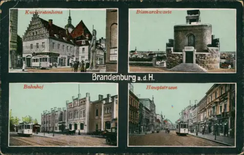 Ansichtskarte Brandenburg an der Havel Bismarckwarte Bahnhof Hauptstraße 1918