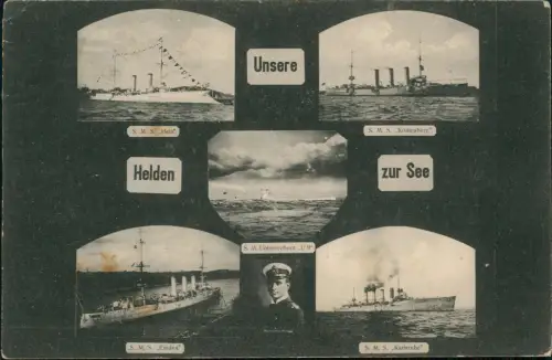 Ansichtskarte  Kriegsschiffe Marine MB U-Boot SMS Hela Königsberg uvm 1915