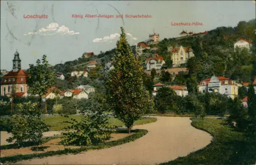 Ansichtskarte Loschwitz-Dresden König Albert-Anlagen und Schwebebahn. 1921
