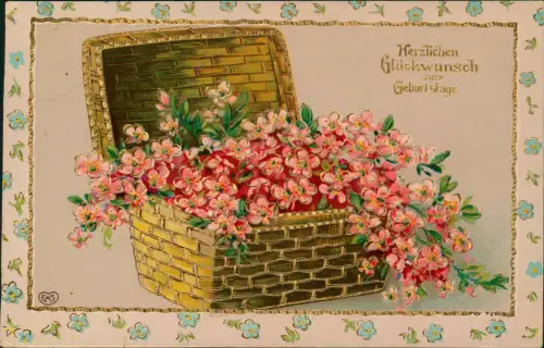Ansichtskarte  Geburtstag Birthday Kiste mit Blumen Gold 1913 Gold