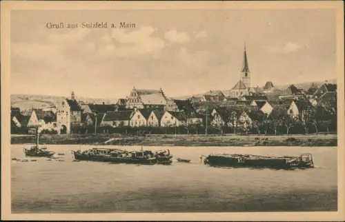 Ansichtskarte Sulzfeld am Main Stadtansicht mit Schlepschiffen 1928