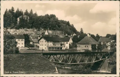 Ansichtskarte Stein a.d.Traun-Traunreut Stadtpartie Brücke 1935  Bahnpoststempel
