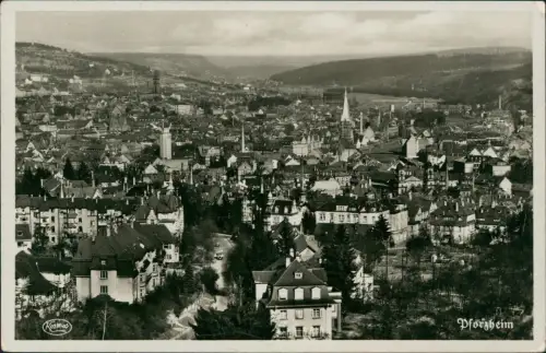 Ansichtskarte Pforzheim Blick über die Stadt 1940  Roter Feldpoststempel WK23