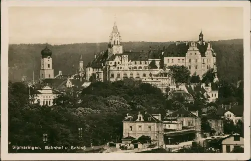 Ansichtskarte Sigmaringen Bahnhof u. Schloß - Fotokarte 1938