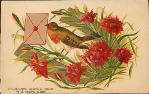 Neujahr Sylvester New Year Vogel mit Brief Hufeisen Nelken 1908 Goldprägung