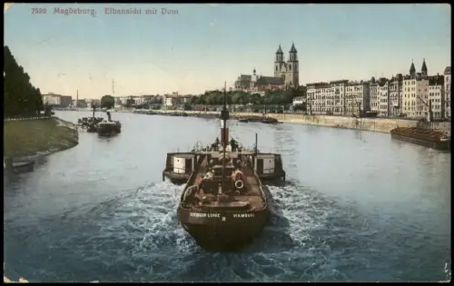 Magdeburg Elbpanorama Schiff Koenigin Luise passiert den Dom 1924