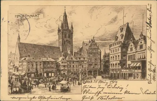 Ansichtskarte Trier Hauptmarkt Federzeichnung Künstlerkarte 1904  gel. Sedan