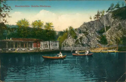 Ansichtskarte Gohlis-Niederau Buschmühle Ruderer 1914  gel. Feldpost
