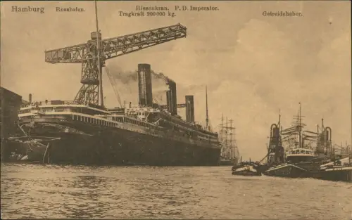 Ansichtskarte Hamburg Rosshafen. Riesenkran. Dampfer Imperator. 1916