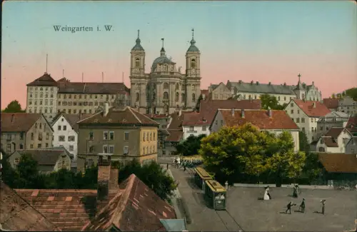 Weingarten (Württemberg) Basilika Prozession Straßenbahn 1917 Gold  gel. Zensurstempel