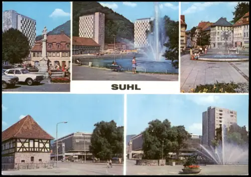 Suhl Waffenschmiedbrunnen, Herrenteich -  Hochhäuser und Waffenmuseum 1977