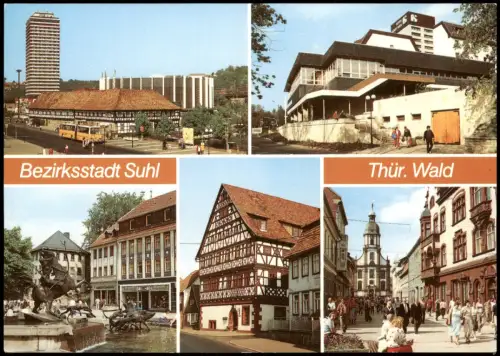 Suhl Viadukt, Waffenmuseum, Hotel, Stadthalle, Brunnen, Rathaus, Steinweg 1989