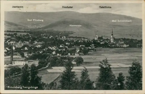 Friedeberg (Isergebirge) Totalansicht mit Fabrik 1938