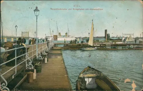 Ansichtskarte Kiel Reventloubrücke und Kriegshafen mit Hohenzollern 1908