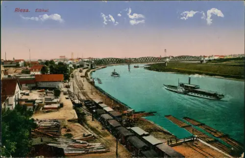 Ansichtskarte Riesa Elbkai. Bahnstation Dampfer 1915