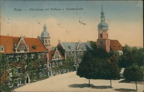 Ansichtskarte Riesa Albertplatz mit Rathaus u. Klosterkirche 1921