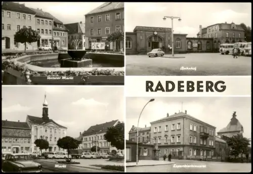 Radeberg DDR Mehrbild-AK mit Bahnhof, Markt, Export-Bier-Brauerei 1977