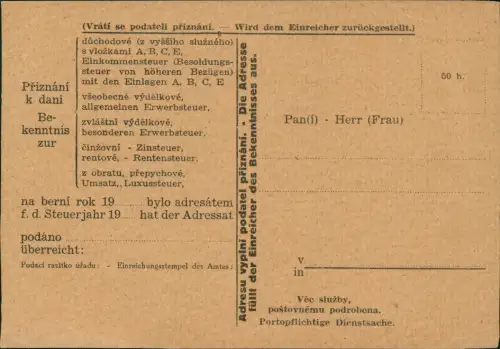 .Tschechien Amtliches Formular für Steuerbekenntnisse, Tschechoslowakei 1925