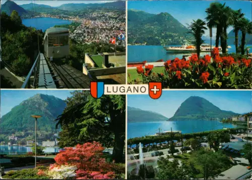 Lugano Mehrbildkarte Lugano mit Monte San Salvatore und Bergbahn 1980
