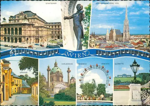 Wien Mehrbildkarte Wien mit Sehenswürdigkeiten und Johann-Strauß-Denkmal 1982
