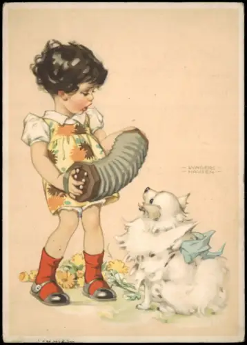 Ansichtskarte  Mädchen mit Ziehharmonika und Hund Lungershausen 1938