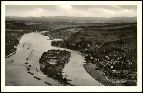 Rolandswerth-Remagen Blick vom Drachenfels auf Nonnenwerth und Rolandsbogen 1955