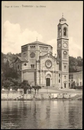 Cartolina Tremezzo Kirche San Lorenzo am Seeufer 1920