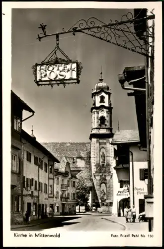 Ansichtskarte Mittenwald Pfarrkirche St. Peter und Paul mit Hotel-Schild 1955