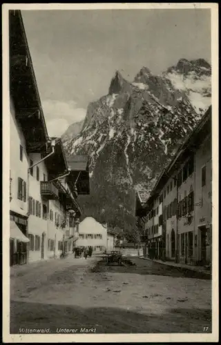 Ansichtskarte Mittenwald Unterer Markt mit Karwendelgebirge 1933