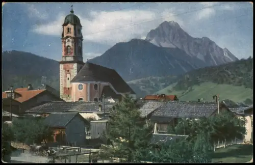 Mittenwald Blick auf die Pfarrkirche und das Wettersteingebirge 1955